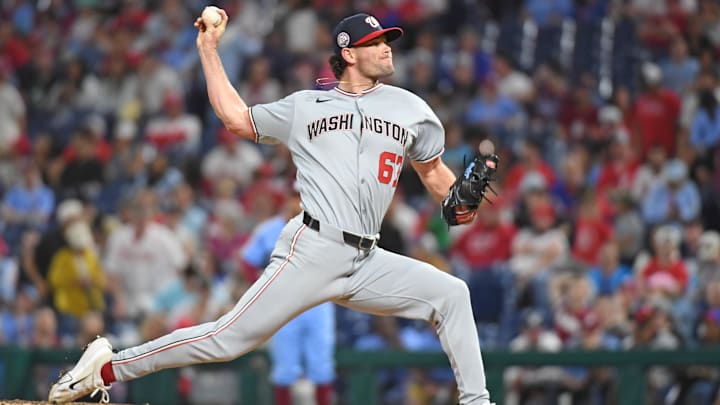 May 1, 2025; Philadelphia, Pennsylvania, USA; Washington Nationals pitcher Kyle Finnegan (67) throws a pitch during the ninth inning against the Philadelphia Phillies at Citizens Bank Park.