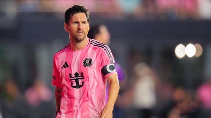 May 31, 2025; Fort Lauderdale, Florida, USA; Inter Miami CF forward Lionel Messi (10) looks on against the Columbus Crew during the first half at Chase Stadium. Mandatory Credit: Sam Navarro-Imagn Images
