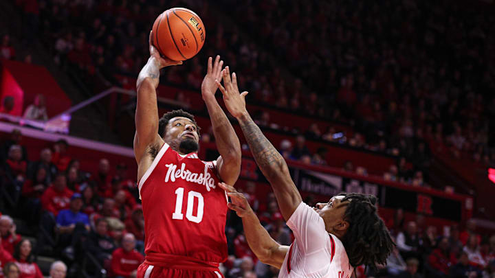 Nebraska guard Jamarques Lawrence shoots against Rutgers guard Jamichael Davis during the first half at Jersey Mike's Arena. 