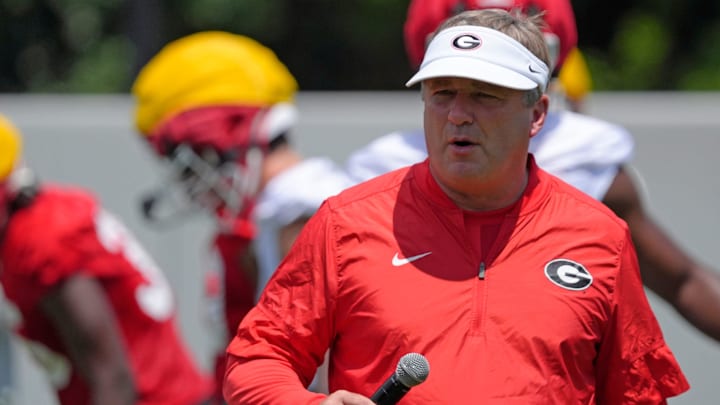 Georgia coach Kirby Smart looks on at the first day of fall practice in Athens, Georgia, on Thursday, July 31, 2025.