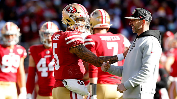 San Francisco 49ers quarterback Trey Lance (L) with head coach Kyle Shanahan (R) San Francisco 49ers quarterback Trey Lance (L) with head coach Kyle Shanahan (R)