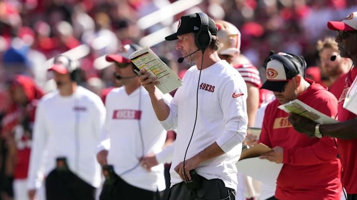 Oct 6, 2024; Santa Clara, California, USA; San Francisco 49ers head coach Kyle Shanahan stands on the sideline during the second quarter against the Arizona Cardinals at Levi's Stadium. Mandatory Credit: Darren Yamashita-Imagn Images