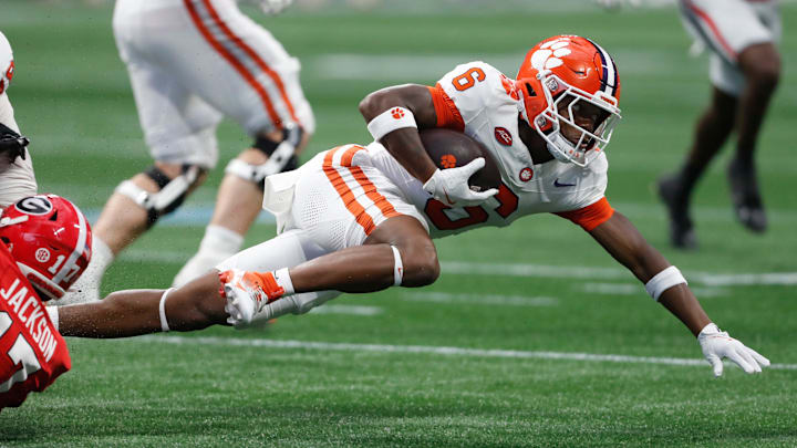 Clemson wide receiver Tyler Brown (6) moves the ball during the second half of the NCAA Aflac Kickoff Game against Georgia in Atlanta, on Saturday, Aug. 31, 2024.