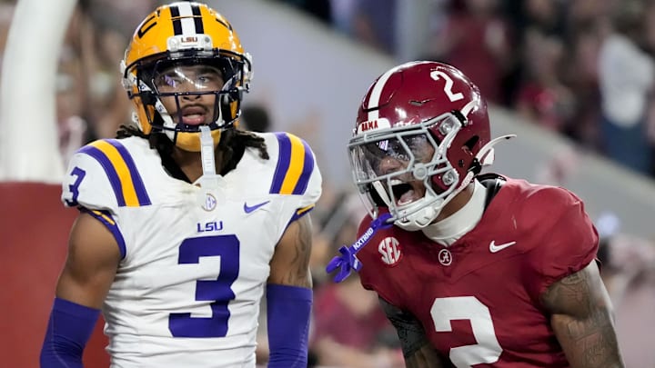 Nov 8, 2025; Tuscaloosa, Alabama, USA; Alabama wide receiver Ryan Williams (2) celebrates his touchdown catch in front of LSU defensive back DJ Pickett (3) at Saban Field at Bryant-Denny Stadium. Mandatory Credit: Gary Cosby Jr.-Imagn Images Nov 8, 2025; Tuscaloosa, Alabama, USA; Alabama wide receiver Ryan Williams (2) celebrates his touchdown catch in front of LSU defensive back DJ Pickett (3) at Saban Field at Bryant-Denny Stadium. Mandatory Credit: Gary Cosby Jr.-Imagn Images