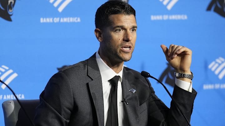 Carolina Panthers head coach Dave Canales speaks to the media during the introductory press conference for new general manager Dan Morgan and head coach Dave Canales at Bank of America Stadium.