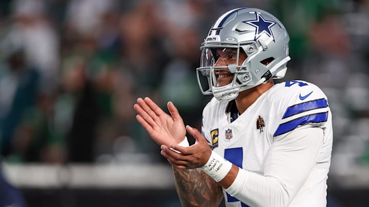 Dallas Cowboys quarterback Dak Prescott (4) looks on during warmups prior to the game against the Philadelphia Eagles at Lincoln Financial Field. Dallas Cowboys quarterback Dak Prescott (4) looks on during warmups prior to the game against the Philadelphia Eagles at Lincoln Financial Field.