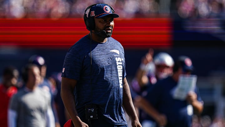 Sep 15, 2024; Foxborough, Massachusetts, USA; New England Patriots head coach Jerod Mayo watches from the sideline as they take on the Seattle Seahawks at Gillette Stadium.