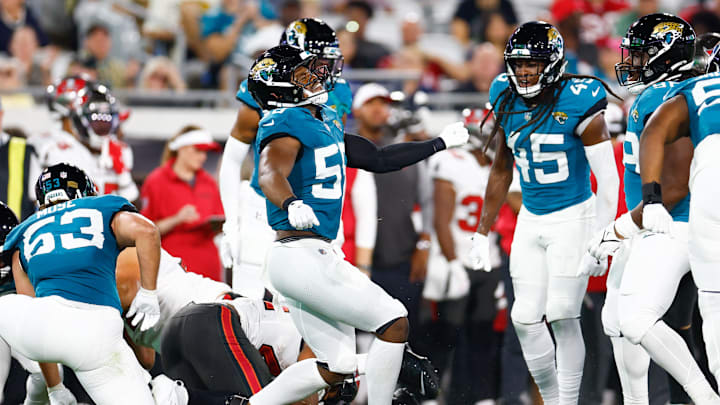 Aug 17, 2024; Jacksonville, Florida, USA; Jacksonville Jaguars linebacker Andrew Parker Jr. (58) reacts during the third quarter against the Tampa Bay Buccaneers at EverBank Stadium.