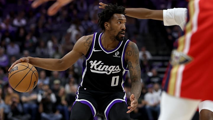 Mar 5, 2026; Sacramento, California, USA; Sacramento Kings guard Malik Monk (0) dribbles the ball against the New Orleans Pelicans during the fourth quarter at Golden 1 Center.