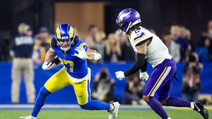 Jan 13, 2025; Glendale, AZ, USA; Los Angeles Rams wide receiver Puka Nacua (17) against the Minnesota Vikings during an NFC wild card game at State Farm Stadium. Mandatory Credit: Mark J. Rebilas-Imagn Images Jan 13, 2025; Glendale, AZ, USA; Los Angeles Rams wide receiver Puka Nacua (17) against the Minnesota Vikings during an NFC wild card game at State Farm Stadium. Mandatory Credit: Mark J. Rebilas-Imagn Images
