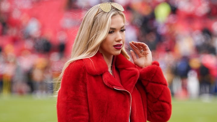 Dec 25, 2023; Kansas City, Missouri, USA; Gracie Hunt on field prior to a game between the Kansas City Chiefs and Las Vegas Raiders at GEHA Field at Arrowhead Stadium. 