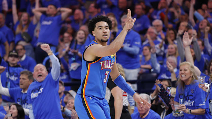 May 5, 2026; Oklahoma City, Oklahoma, USA; Oklahoma City Thunder guard Jared McCain (3) gestures after scoring a three point basket against the Los Angeles Lakers in the second half during game one of the second round of the 2026 NBA Playoffs at Paycom Center. Mandatory Credit: Alonzo Adams-Imagn Images May 5, 2026; Oklahoma City, Oklahoma, USA; Oklahoma City Thunder guard Jared McCain (3) gestures after scoring a three point basket against the Los Angeles Lakers in the second half during game one of the second round of the 2026 NBA Playoffs at Paycom Center. Mandatory Credit: Alonzo Adams-Imagn Images