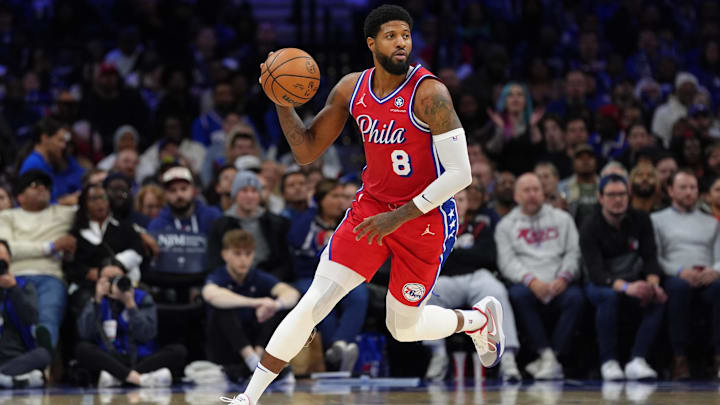 Dec 20, 2024; Philadelphia, Pennsylvania, USA; Philadelphia 76ers forward Paul George (8) controls the ball against the Charlotte Hornets in the fourth quarter at Wells Fargo Center. Mandatory Credit: Kyle Ross-Imagn Images