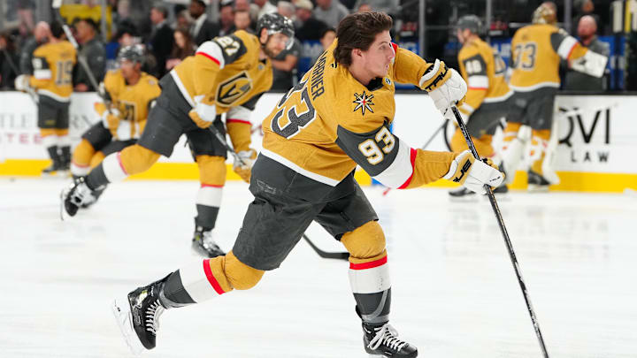 Jan 15, 2026; Las Vegas, Nevada, USA; Vegas Golden Knights right wing Mitch Marner (93) warms up before a game against the Toronto Maple Leafs at T-Mobile Arena. Mandatory Credit: Stephen R. Sylvanie-Imagn Images