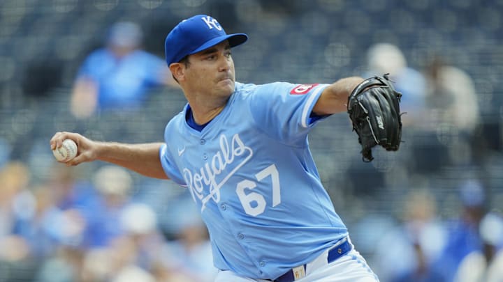 Aug 13, 2025; Kansas City, Missouri, USA; Kansas City Royals starting pitcher Seth Lugo (67) pitches during the first inning against the Washington Nationals at Kauffman Stadium. Mandatory Credit: Jay Biggerstaff-Imagn Images