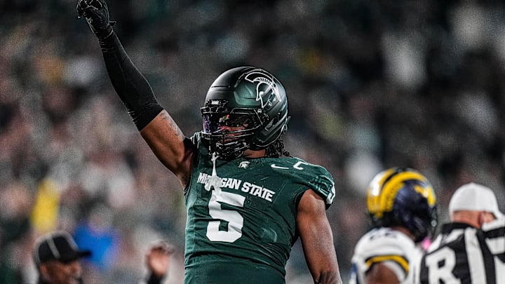 Michigan State linebacker Jordan Hall (5) celebrates a play against Michigan during the first half at Spartan Stadium in East Lansing on Saturday, October 25, 2025.