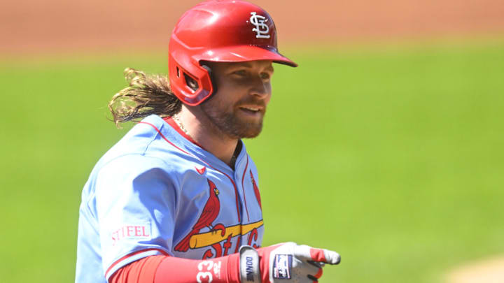 Jun 28, 2025; Cleveland, Ohio, USA; St. Louis Cardinals second baseman Brendan Donovan (33) runs the bases on his solo home run in the first inning against the Cleveland Guardians at Progressive Field. Mandatory Credit: David Richard-Imagn Images