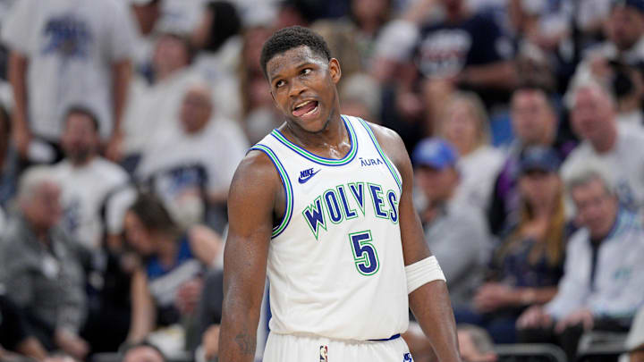 May 24, 2024; Minneapolis, Minnesota, USA; Minnesota Timberwolves guard Anthony Edwards (5) reacts in the third quarter against the Dallas Mavericks during game two of the western conference finals for the 2024 NBA playoffs at Target Center. Mandatory Credit: Brad Rempel-USA TODAY Sports