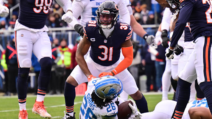 Bears safety Kevin Byard celebrates his stop of Detroit Lions running back Jahmyr Gibbs last year at Soldier Field.