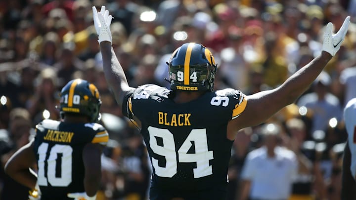 Iowa’s Yahya Black (94) motions for the crowd to get loud against Iowa State during the CyHawk game Saturday, Sept. 7, 2024 at Kinnick Stadium in Iowa City, Iowa.