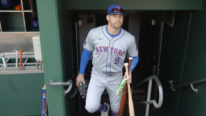 Jul 7, 2024; Pittsburgh, Pennsylvania, USA;  New York Mets center fielder Brandon Nimmo (9) enters the dugout to play the Pittsburgh Pirates at PNC Park. Mandatory Credit: Charles LeClaire-USA TODAY Sports