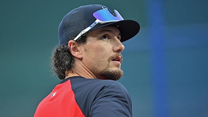 Apr 1, 2026; Kansas City, Missouri, USA; Minnesota Twins center fielder James Outman (30) looks on during batting practice before a game against the Kansas City Royals at Kauffman Stadium. Mandatory Credit: Peter Aiken-Imagn Images Apr 1, 2026; Kansas City, Missouri, USA; Minnesota Twins center fielder James Outman (30) looks on during batting practice before a game against the Kansas City Royals at Kauffman Stadium. Mandatory Credit: Peter Aiken-Imagn Images