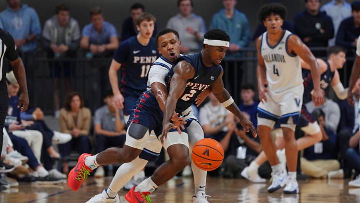 Nov 19, 2024; Villanova, Pennsylvania, USA; Villanova Wildcats guard Jhamir Brickus (2) reaches in against Penn Quakers guard Dylan Williams (2) in the first half at William B. Finneran Pavilion. Mandatory Credit: Kyle Ross-Imagn Images Nov 19, 2024; Villanova, Pennsylvania, USA; Villanova Wildcats guard Jhamir Brickus (2) reaches in against Penn Quakers guard Dylan Williams (2) in the first half at William B. Finneran Pavilion. Mandatory Credit: Kyle Ross-Imagn Images