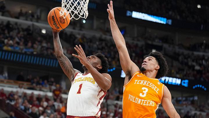 Iowa State guard Jamarion Batemon (1) attempts to score while guarded by Tennessee guard Bishop Boswell (3) during the NCAA Tournament Sweet 16 game at the United Center in Chicago on March 27, 2026. Iowa State guard Jamarion Batemon (1) attempts to score while guarded by Tennessee guard Bishop Boswell (3) during the NCAA Tournament Sweet 16 game at the United Center in Chicago on March 27, 2026.