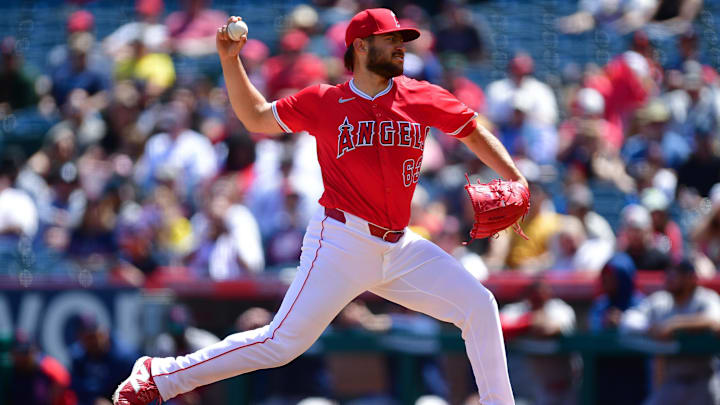 Apr 7, 2024; Anaheim, California, USA; Los Angeles Angels pitcher Chase Silseth (63) throws against the Boston Red Sox during the first inning at Angel Stadium. Mandatory Credit: Gary A. Vasquez-Imagn Images