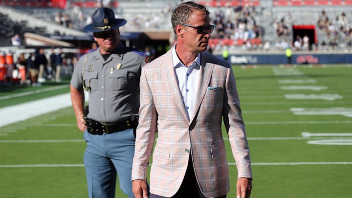 Aug 30, 2025; Oxford, Mississippi, USA; Mississippi Rebels head coach Lane Kiffin reacts after an altercation between players prior to the game against the Georgia State Panthers at Vaught-Hemingway Stadium. Mandatory Credit: Petre Thomas-Imagn Images