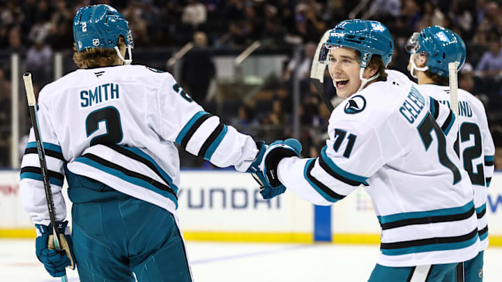 Oct 23, 2025; New York, New York, USA; San Jose Sharks center Macklin Celebrini (71) celebrates with center Will Smith (2) after scoring a goal in the first period against the New York Rangers at Madison Square Garden. Mandatory Credit: Wendell Cruz-Imagn Images Oct 23, 2025; New York, New York, USA; San Jose Sharks center Macklin Celebrini (71) celebrates with center Will Smith (2) after scoring a goal in the first period against the New York Rangers at Madison Square Garden. Mandatory Credit: Wendell Cruz-Imagn Images