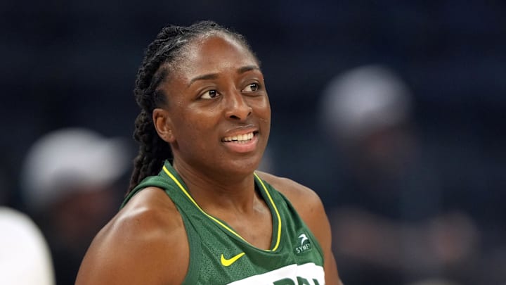 Jun 29, 2025; San Francisco, California, USA; Seattle Storm forward Nneka Ogwumike (3) before the game against the Golden State Valkyries at Chase Center. Mandatory Credit: Darren Yamashita-Imagn Images