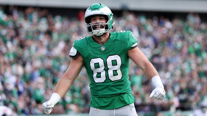 Oct 26, 2025; Philadelphia, Pennsylvania, USA; Philadelphia Eagles tight end Dallas Goedert (88) after scoring a touchdown against the New York Giants in the second quarter at Lincoln Financial Field. Mandatory Credit: Bill Streicher-Imagn Images