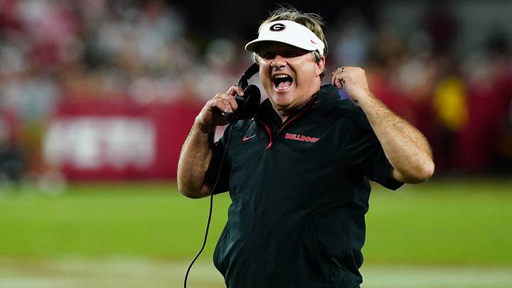 Sep 28, 2024; Tuscaloosa, Alabama, USA; Georgia Bulldogs head coach Kirby Smart reacts during the first half against the Alabama Crimson Tide at Bryant-Denny Stadium. Mandatory Credit: John David Mercer-Imagn Images Sep 28, 2024; Tuscaloosa, Alabama, USA; Georgia Bulldogs head coach Kirby Smart reacts during the first half against the Alabama Crimson Tide at Bryant-Denny Stadium. Mandatory Credit: John David Mercer-Imagn Images