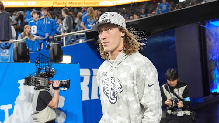 Jacksonville Jaguars quarterback Trevor Lawrence (16) takes the field for warm up before the game between Detroit Lions and Jacksonville Jaguars at Ford Field in Detroit on Sunday, Nov. 17, 2024.