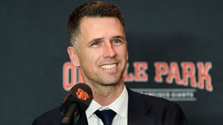 Dec 12, 2024; San Francisco, CA, USA; San Francisco Giants president of baseball operations Buster Posey speaks during the introductory press conference for shortstop Willy Adames (not pictured) at Oracle Park. Dec 12, 2024; San Francisco, CA, USA; San Francisco Giants president of baseball operations Buster Posey speaks during the introductory press conference for shortstop Willy Adames (not pictured) at Oracle Park.