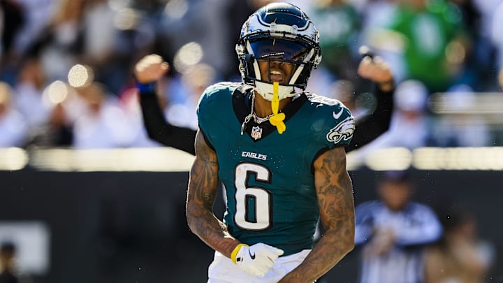 Oct 27, 2024; Cincinnati, Ohio, USA; Philadelphia Eagles wide receiver DeVonta Smith (6) reacts after scoring a touchdown against the Cincinnati Bengals in the second half at Paycor Stadium. Mandatory Credit: Katie Stratman-Imagn Images
