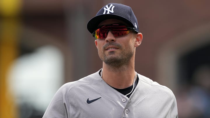 Mar 27, 2026; San Francisco, California, USA; New York Yankees left fielder Randal Grichuk (34) before the game against the San Francisco Giants at Oracle Park. Mandatory Credit: Darren Yamashita-Imagn Images
