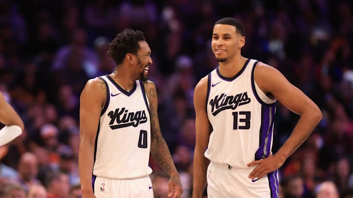Mar 14, 2025; Phoenix, Arizona, USA; Sacramento Kings guard Malik Monk (0) and forward Keegan Murray (13) against the Phoenix Suns at Footprint Center. Mandatory Credit: Mark J. Rebilas-Imagn Images Mar 14, 2025; Phoenix, Arizona, USA; Sacramento Kings guard Malik Monk (0) and forward Keegan Murray (13) against the Phoenix Suns at Footprint Center. Mandatory Credit: Mark J. Rebilas-Imagn Images