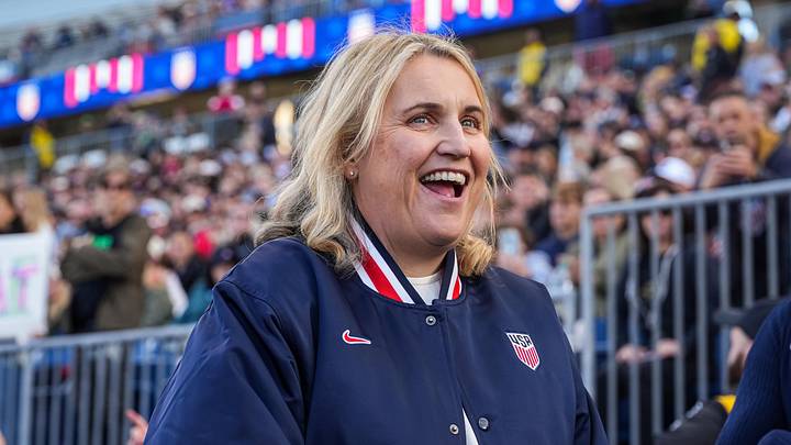 Oct 26, 2025; East Hartford, Connecticut, USA;  United States head coach Emma Hayes on the sideline before the game against Portugal at Pratt & Whitney Stadium at Rentschler Field.