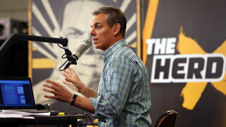 Feb 1, 2016; San Francisco, CA, USA; Radio personality Colin Cowherd broadcasts on radio row at the Moscone Center in advance of Super Bowl 50 between the Carolina Panthers and the Denver Broncos. Mandatory Credit: Jerry Lai-Imagn Images