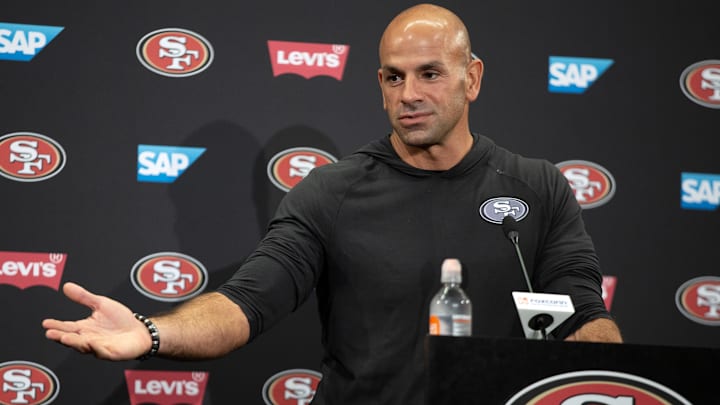 Jul 24, 2025; Santa Clara, CA, USA; San Francisco 49ers defensive coordinator Robert Saleh answers questions from reporters following the second day of training camp. Mandatory Credit: D. Ross Cameron-Imagn Images