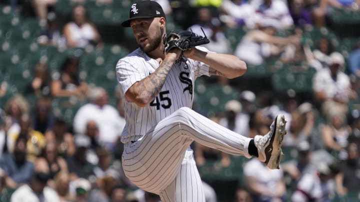 Jun 30, 2024; Chicago, Illinois, USA; Chicago White Sox pitcher Garrett Crochet (45) throws the ball against the Colorado Rockies during the first inning at Guaranteed Rate Field. Mandatory Credit: David Banks-USA TODAY Sports