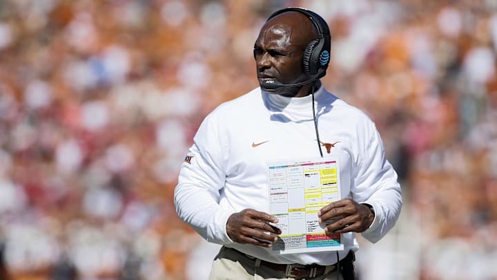 Oct 8, 2016; Dallas, TX, USA;  Texas Longhorns head coach Charlie Strong on the field during the game against the Oklahoma Sooners at Cotton Bowl. Oklahoma won 45-40. Mandatory Credit: Tim Heitman-Imagn Images