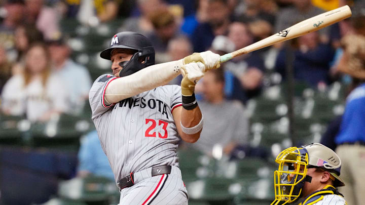 Minnesota Twins third baseman Royce Lewis singles during the fourth inning against the Milwaukee Brewers at American Family Field in Milwaukee on May 16, 2025.
