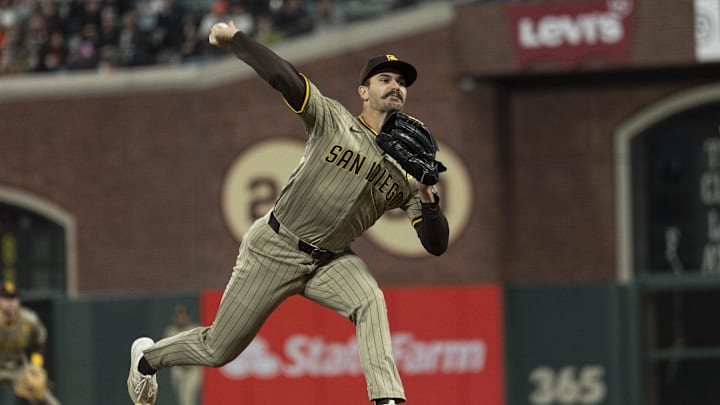 Sep 13, 2024; San Francisco, California, USA; San Diego Padres pitcher Dylan Cease (84) pitches during the first inning against the San Francisco Giants at Oracle Park. Mandatory Credit: Stan Szeto-Imagn Images Sep 13, 2024; San Francisco, California, USA; San Diego Padres pitcher Dylan Cease (84) pitches during the first inning against the San Francisco Giants at Oracle Park. Mandatory Credit: Stan Szeto-Imagn Images
