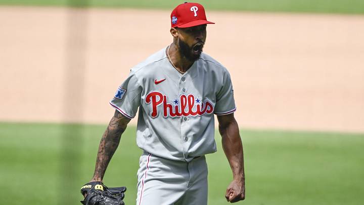May 27, 2026; San Diego, California, USA; Philadelphia Phillies pitcher Cristopher Sanchez (61) celebrates after pitching during the seventh inning against the San Diego Padres at Petco Park.