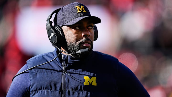 Michigan head coach Sherrone Moore looks on at a timeout against Ohio State during the first half at Ohio Stadium in Columbus, Ohio on Saturday, Nov. 30, 2024.
