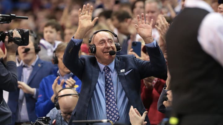 Dick Vitale is recognized before an ESPN broadcast at Allen Fieldhouse.