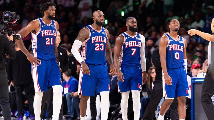 Oct 22, 2026; Philadelphia, Pennsylvania, USA; Philadelphia 76ers Joel Embiid (21) and LeBron James (23) and Jaylen Brown (7) and Tyrese Maxey (0) walk back on the court after a break in action against the Cleveland Cavaliers during the fourth quarter at Xfinity Mobile Arena. Mandatory Credit: Bill Streicher-Imagn Images Oct 22, 2026; Philadelphia, Pennsylvania, USA; Philadelphia 76ers Joel Embiid (21) and LeBron James (23) and Jaylen Brown (7) and Tyrese Maxey (0) walk back on the court after a break in action against the Cleveland Cavaliers during the fourth quarter at Xfinity Mobile Arena. Mandatory Credit: Bill Streicher-Imagn Images